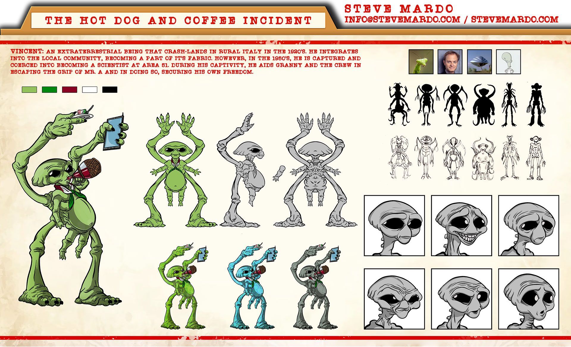 Concept art turnaround sheet for Vincent, the alien from 'The Hot Dog and Coffee Incident'