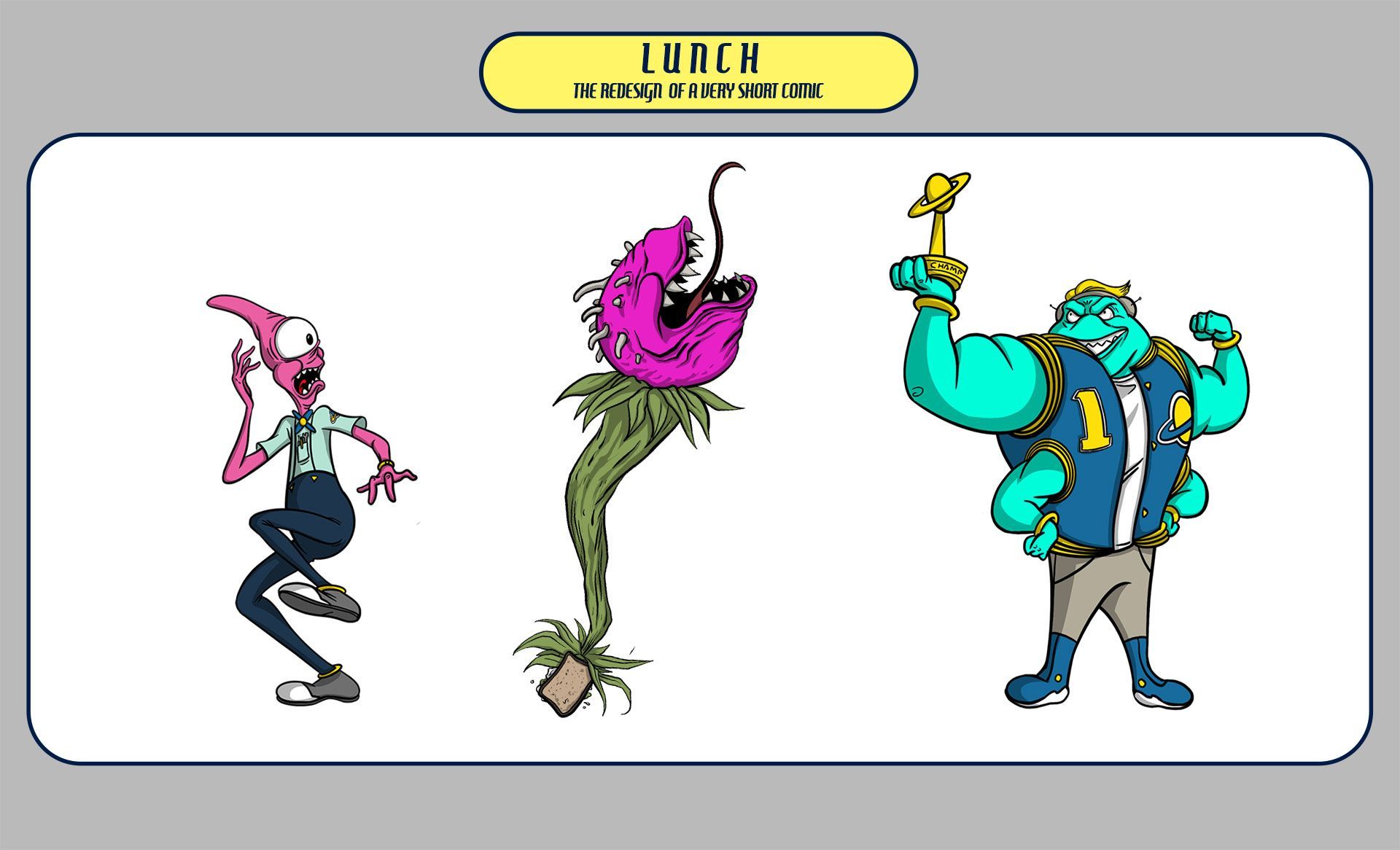 Concept art sheet featuring three distinct characters for 'Lunch'