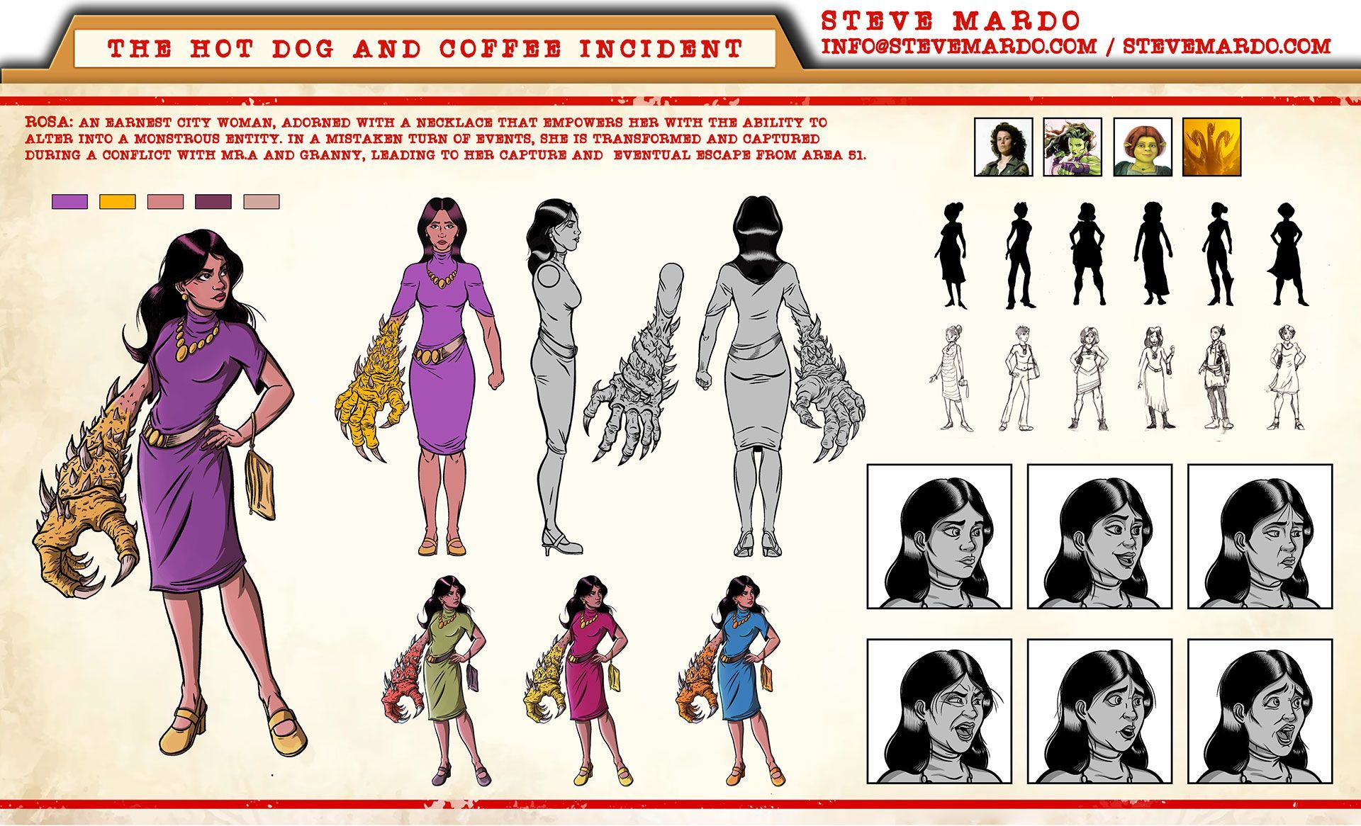 Character design sheet for Rosa from 'The Hot Dog and Coffee Incident',