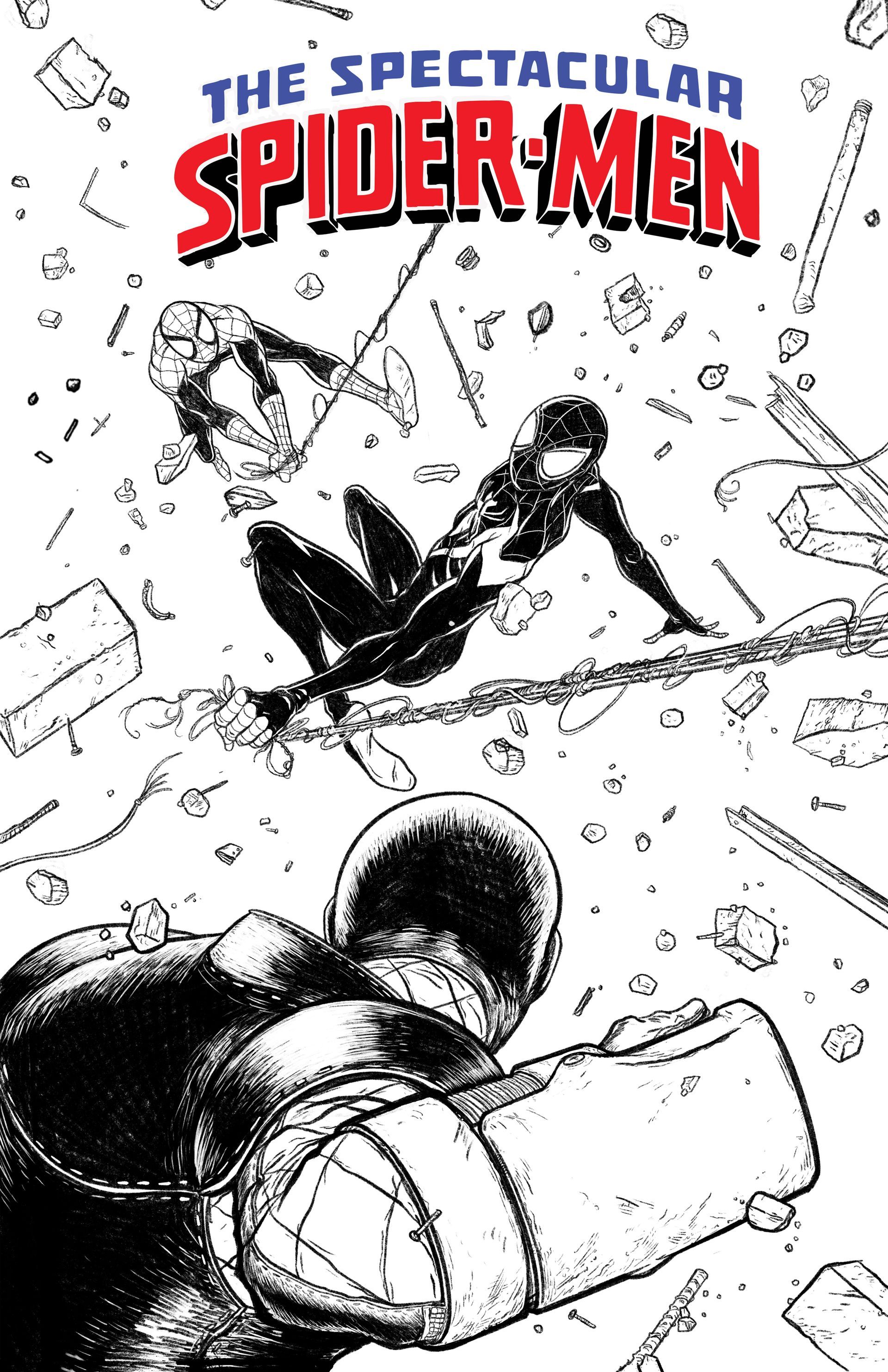 Marvel Comics cover for 'The Spectacular Spider-Men', featuring two Spider-Men swinging through a chaotic environment.