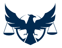Dark blue eagle with outstretched wings and scales of justice, inside a shield shape.