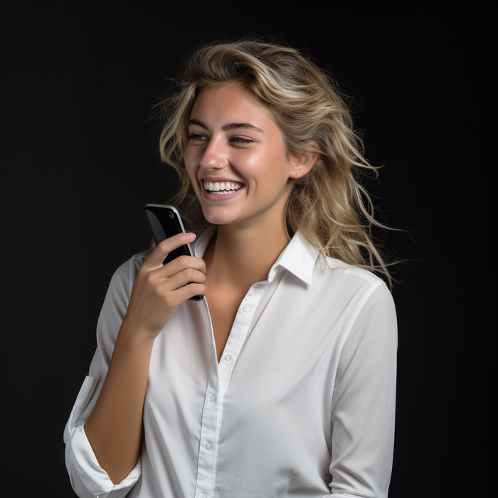 a woman in a white shirt is smiling while holding a cell phone