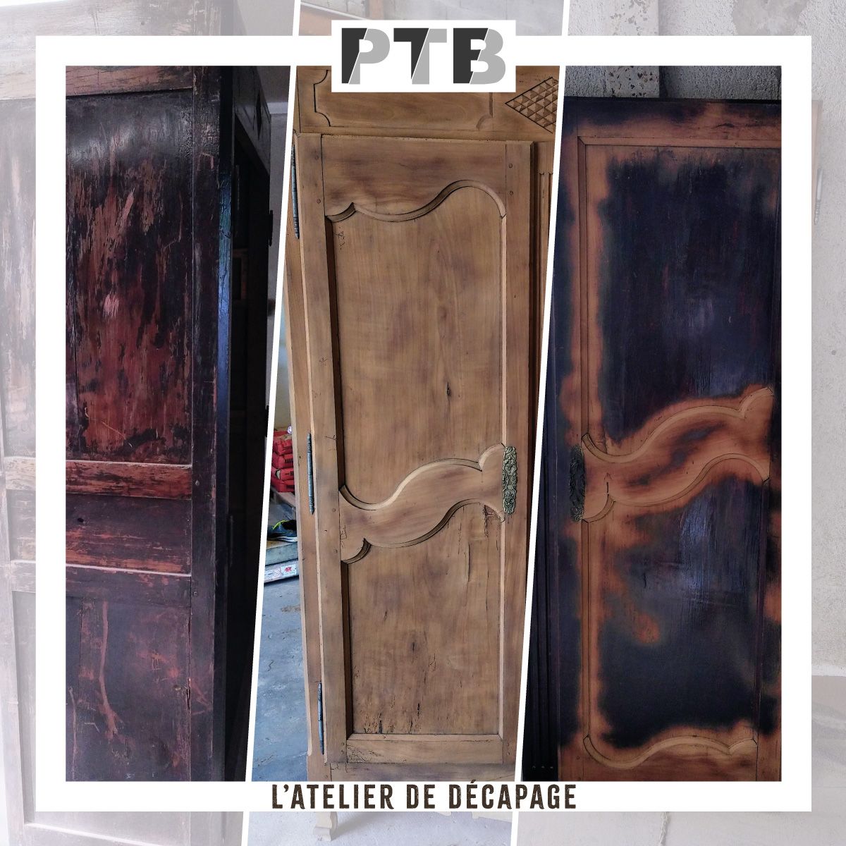 Un collage de trois portes en bois avec les mots ptb l'atelier de décapage