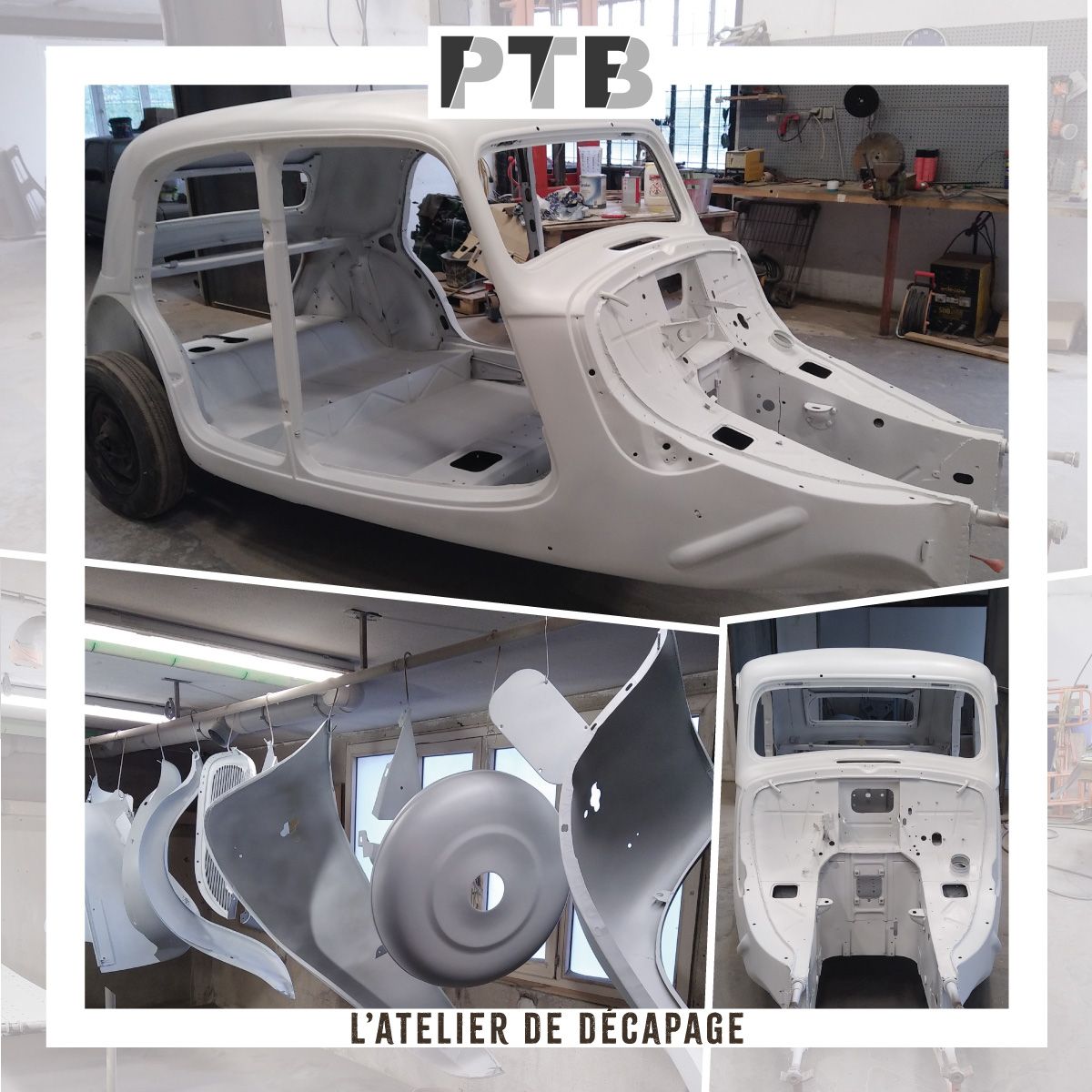 Un collage de photos d'une voiture avec les mots ptb l'atelier de décapage