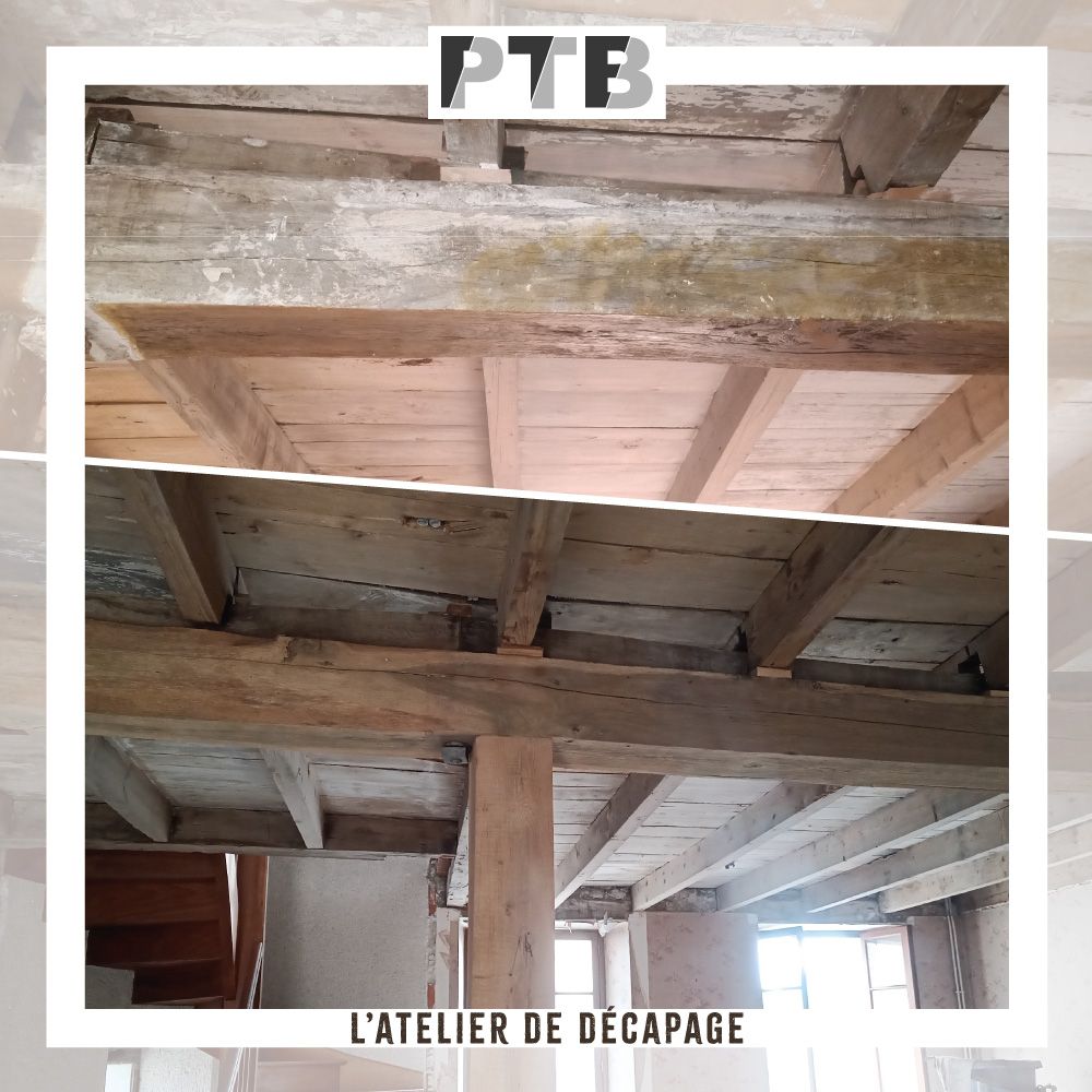 Une photo avant et après d'un plafond en bois