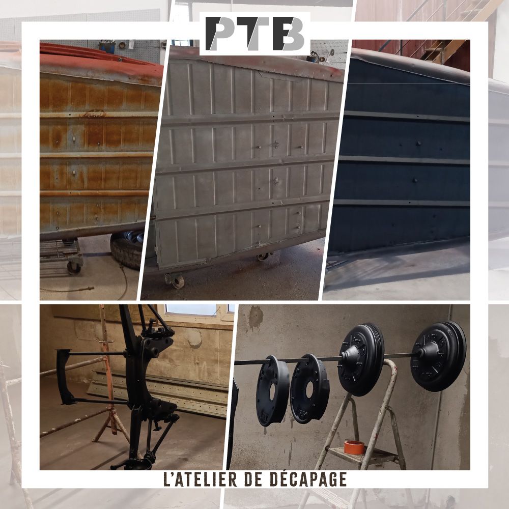 Un collage d'images avec les mots ptb l'atelier de décapage