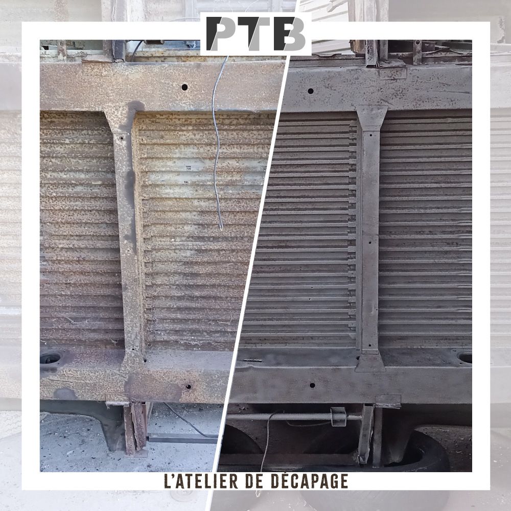 Une photo avant et après d'un camion avec les mots ptb l'atelier de décapage