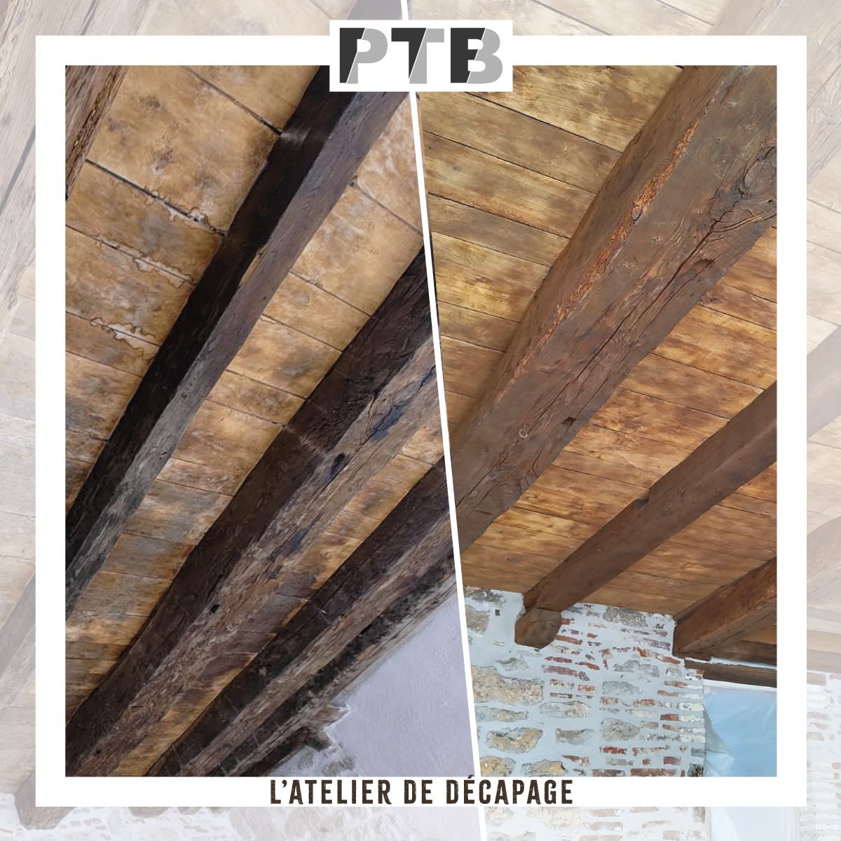 Une photo avant et après d'un plafond en bois