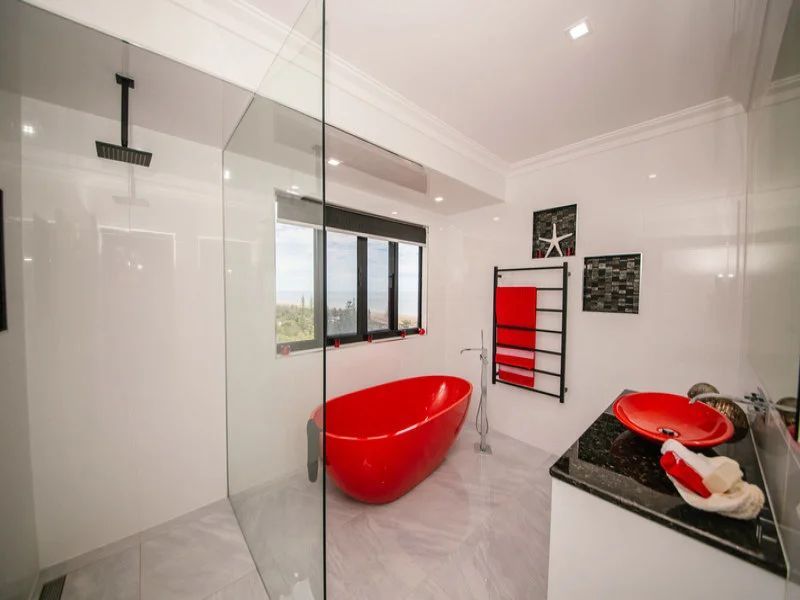 White Bathroom With Red Interior — Engineering And Drafting Services In Yeppoon, QLD