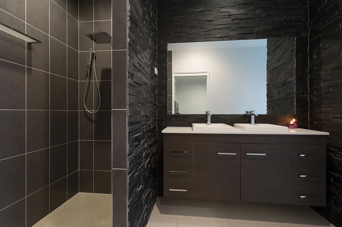 Elegant Black Bathroom With Two Sink — Engineering And Drafting Services In Yeppoon, QLD