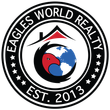 Logo for Eagles World Realty: an eagle's head encircles a globe; house icon above. Black, white, red, and blue colors.