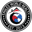 Logo for Eagles World Realty: an eagle's head encircles a globe; house icon above. Black, white, red, and blue colors.