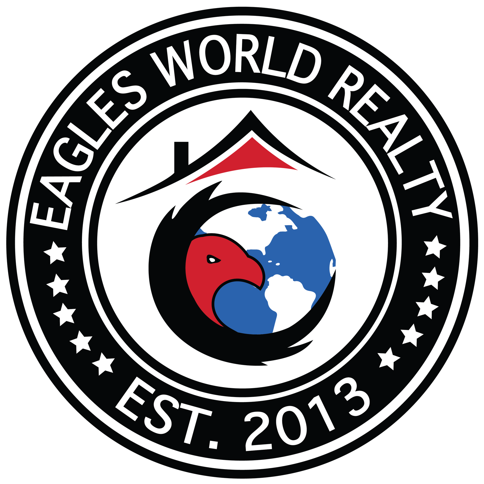 Logo for Eagles World Realty: an eagle's head encircles a globe; house icon above. Black, white, red, and blue colors.