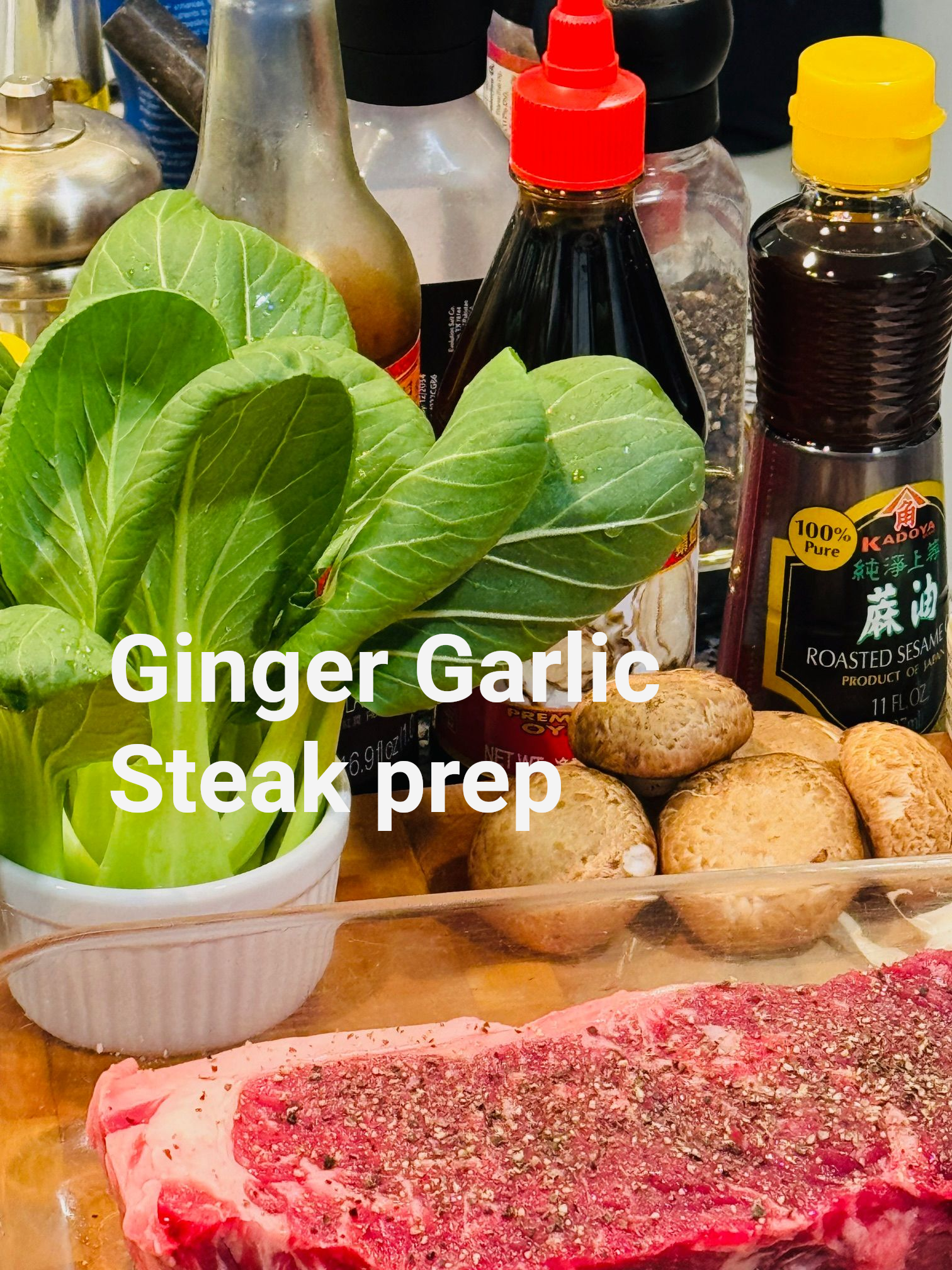 Ginger Garlic Steak ingredients with baby bok choy and cremini mushrooms
