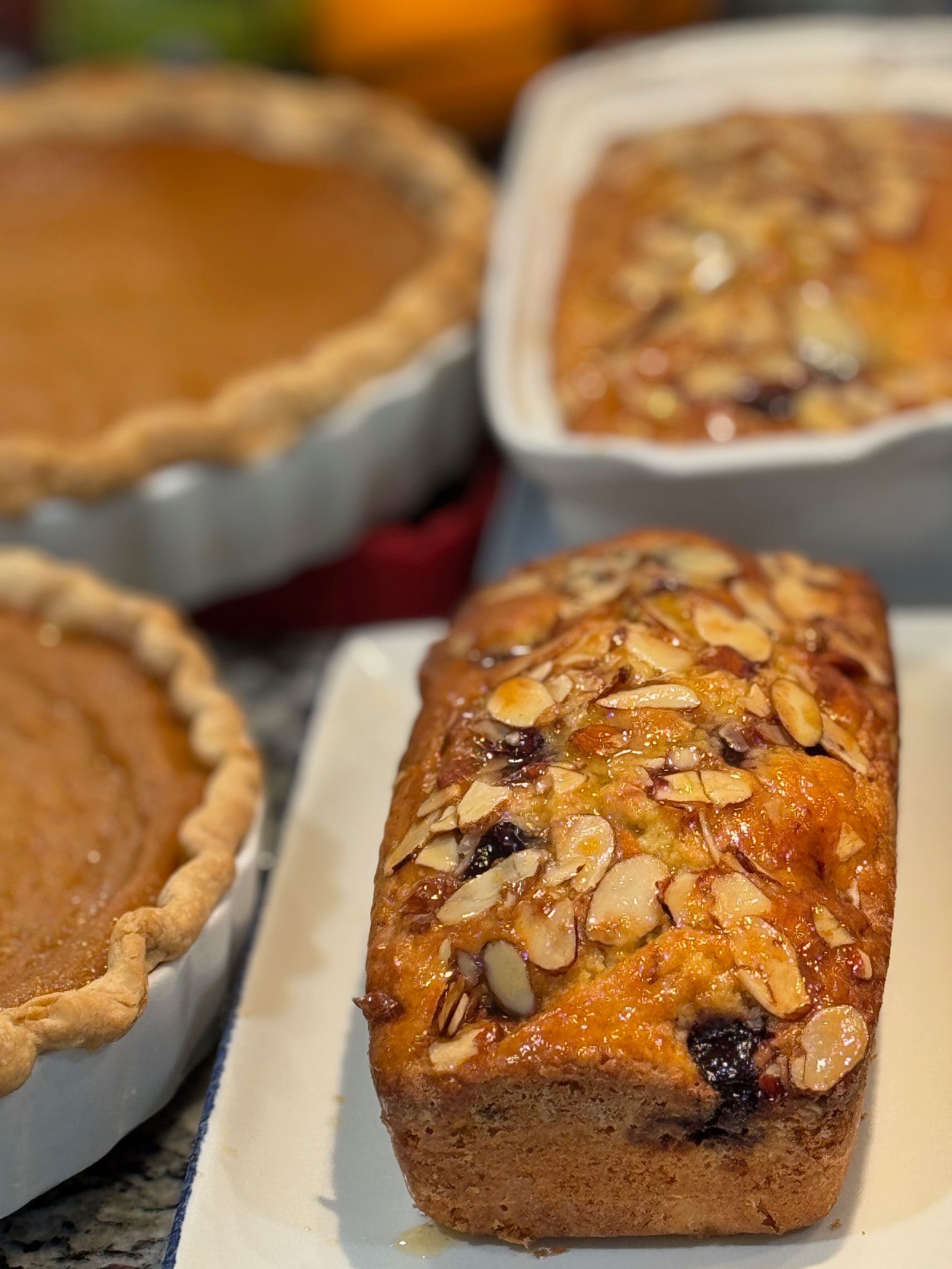 Pumpkin pie and cherry almond pound cake.