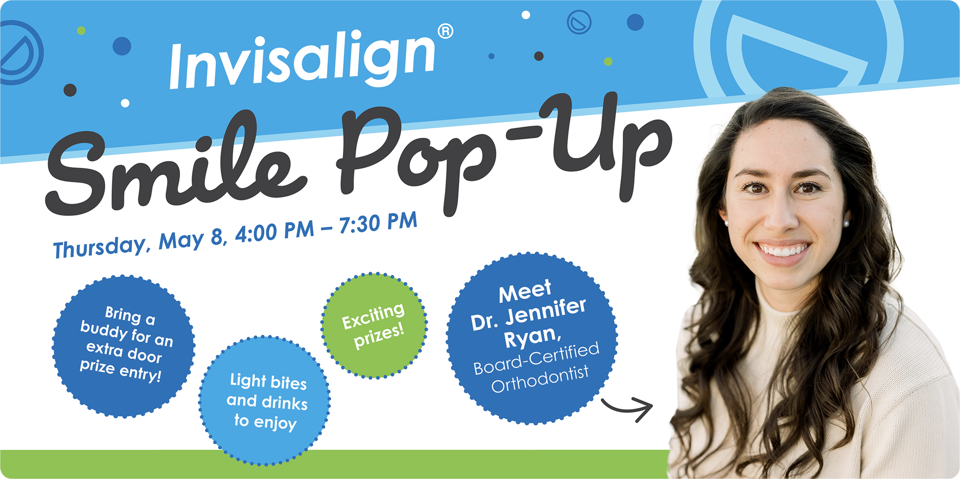 A woman is smiling in front of a sign that says invisalign smile pop-up