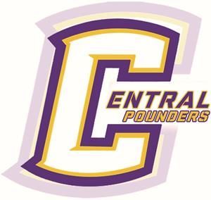 The logo for the central pounders football team is purple and yellow.