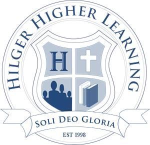 The logo for hilger higher learning is a shield with a cross on it.