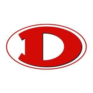 A red letter d in an oval on a white background