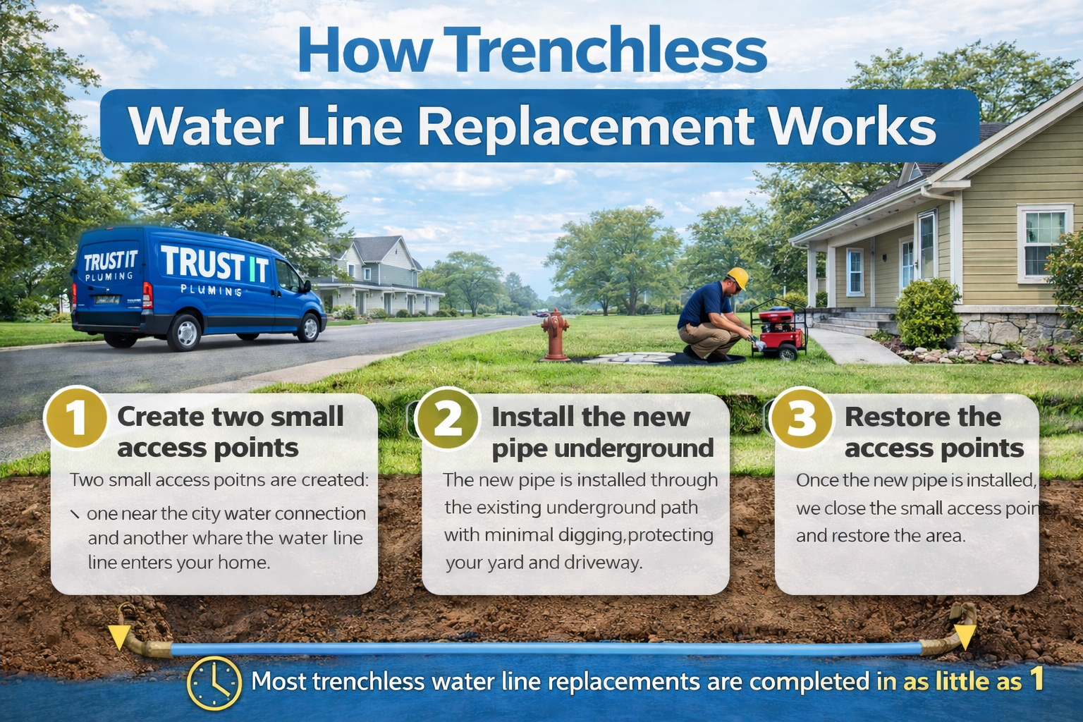 Infographic explaining how trenchless water line replacement works