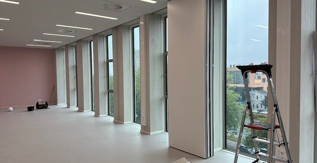 Een lege kamer met hoge ramen, een roze muur en een ladder.