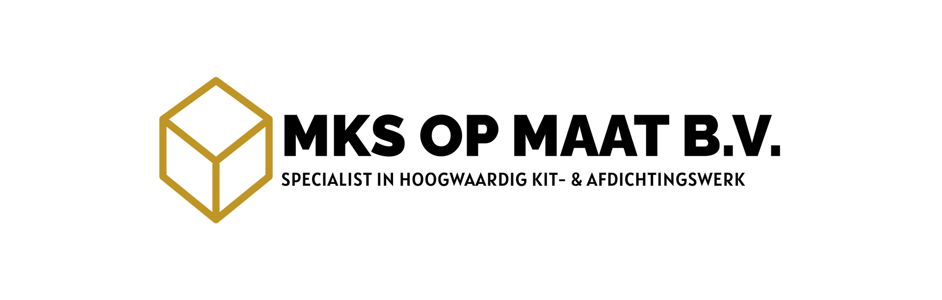 Logo voor MKS OP MAAT BV met een goudomlijnd kubusicoon naast de bedrijfsnaam in zwarte tekst.