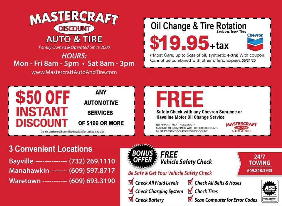 Mastercraft Discount Auto and Tire Oil Change AAA Tow Brakes Manahawkin Barnegat Waretown Forked River Bayville Toms River