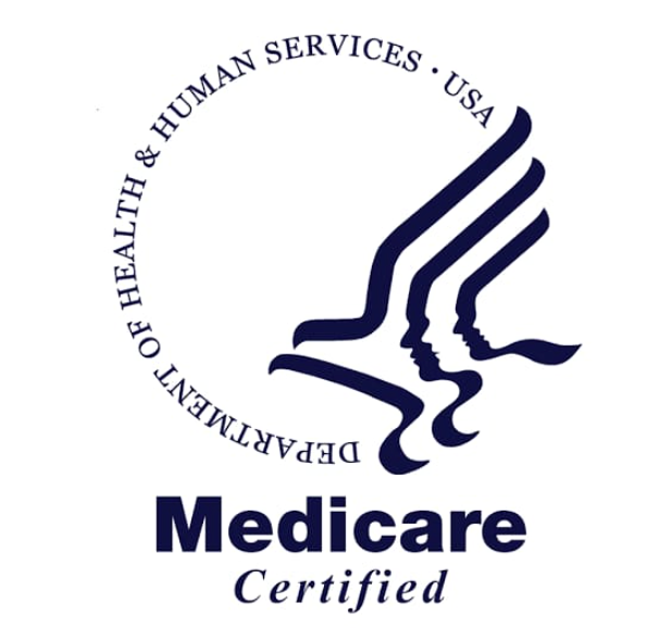 Medicare Certified logo for the US Department of Health & Human Services. Features a stylized bird icon and text.