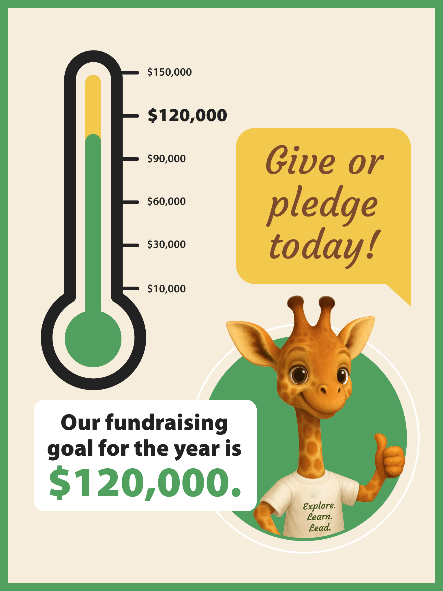 Fundraising thermometer graphic with a cartoon giraffe, $120,000 raised. Encourages donations.