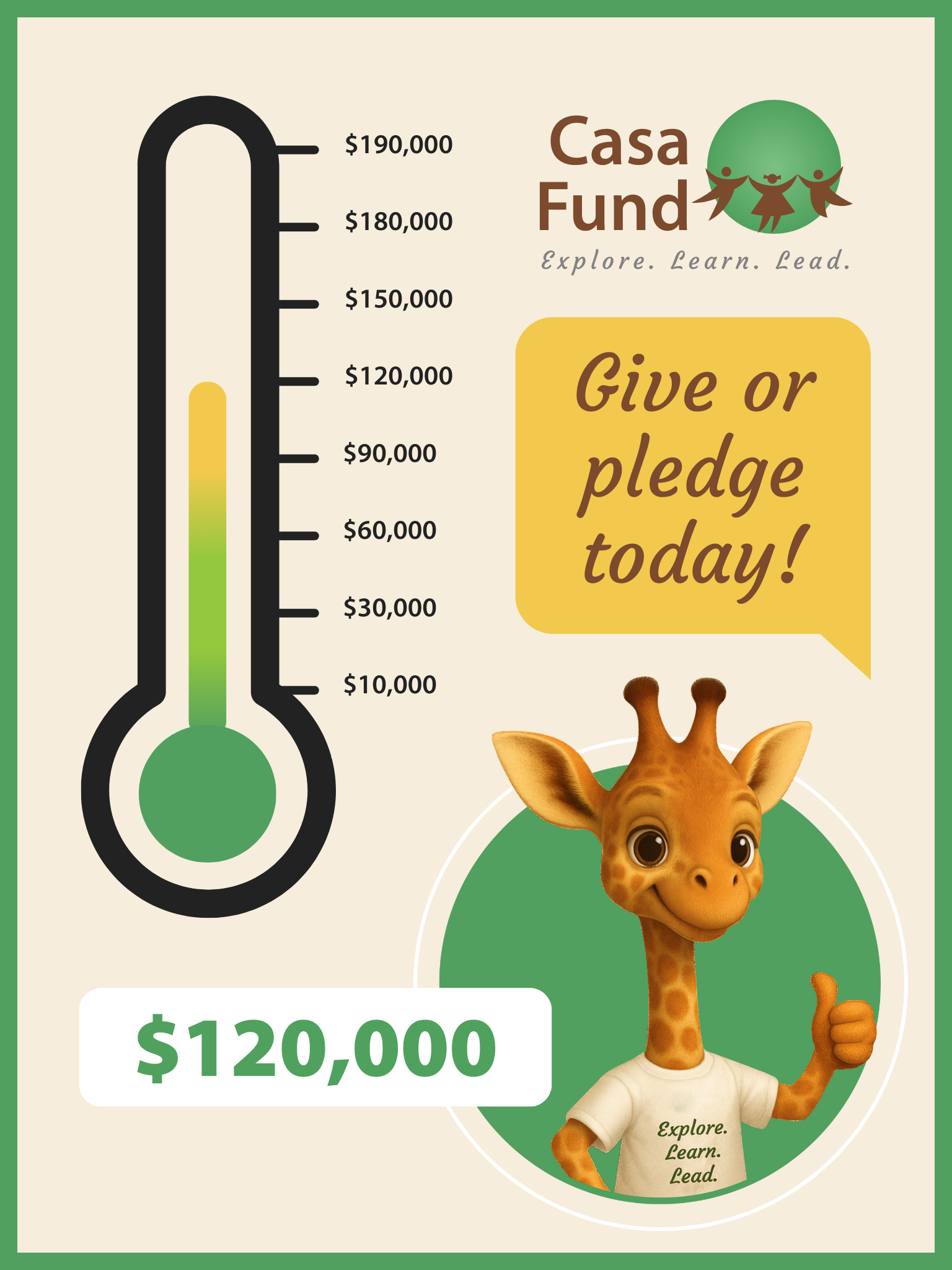 Fundraising thermometer graphic with a cartoon giraffe, $120,000 raised. Encourages donations.