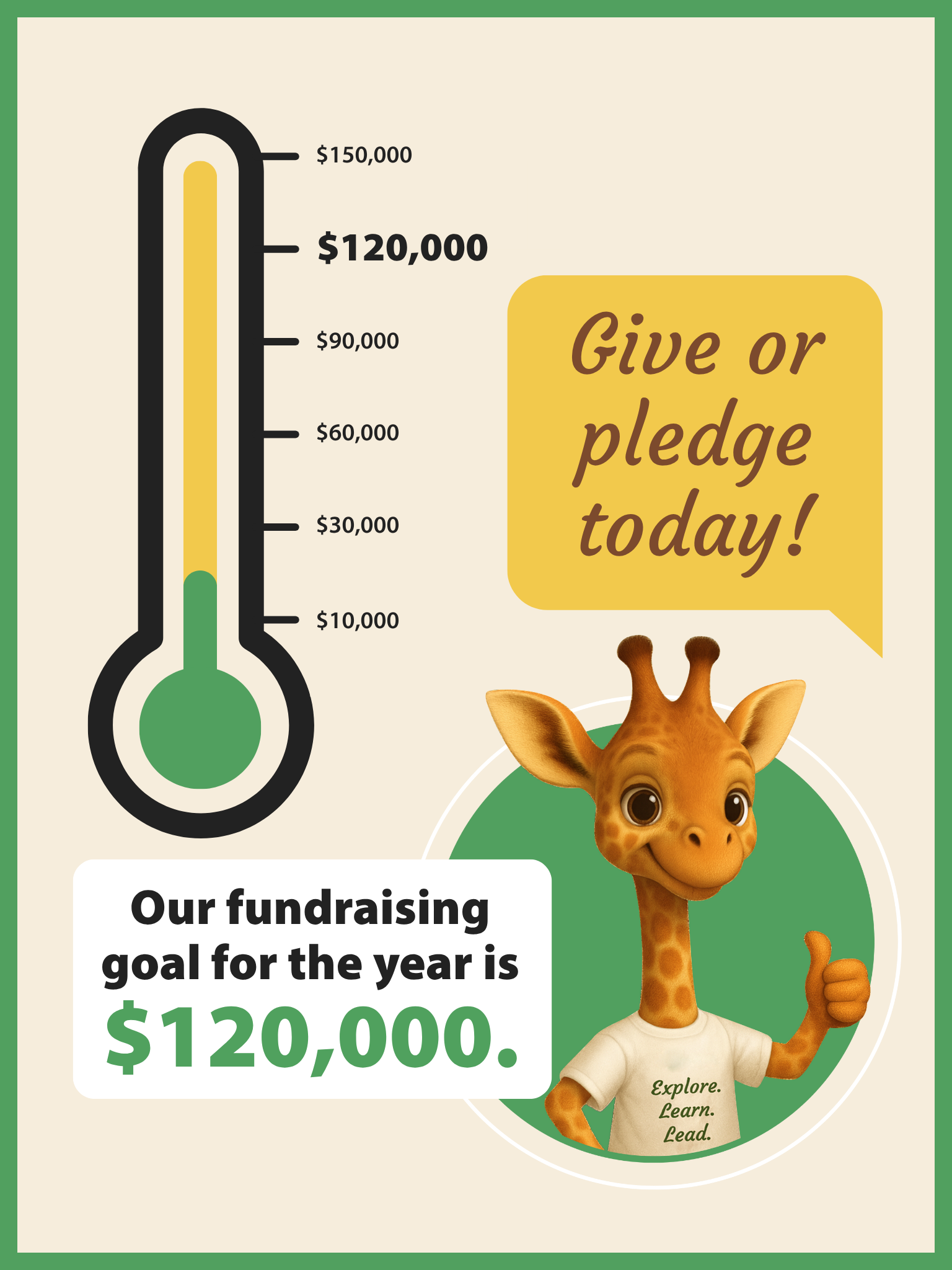 Fundraising thermometer graphic with a cartoon giraffe, $120,000 raised. Encourages donations.