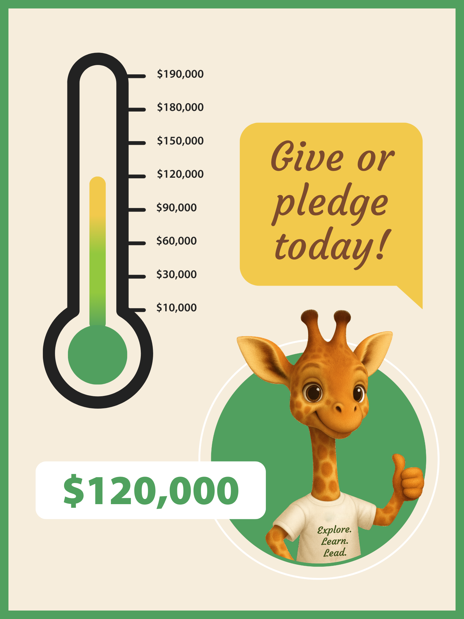 Fundraising thermometer graphic with a cartoon giraffe, $120,000 raised. Encourages donations.