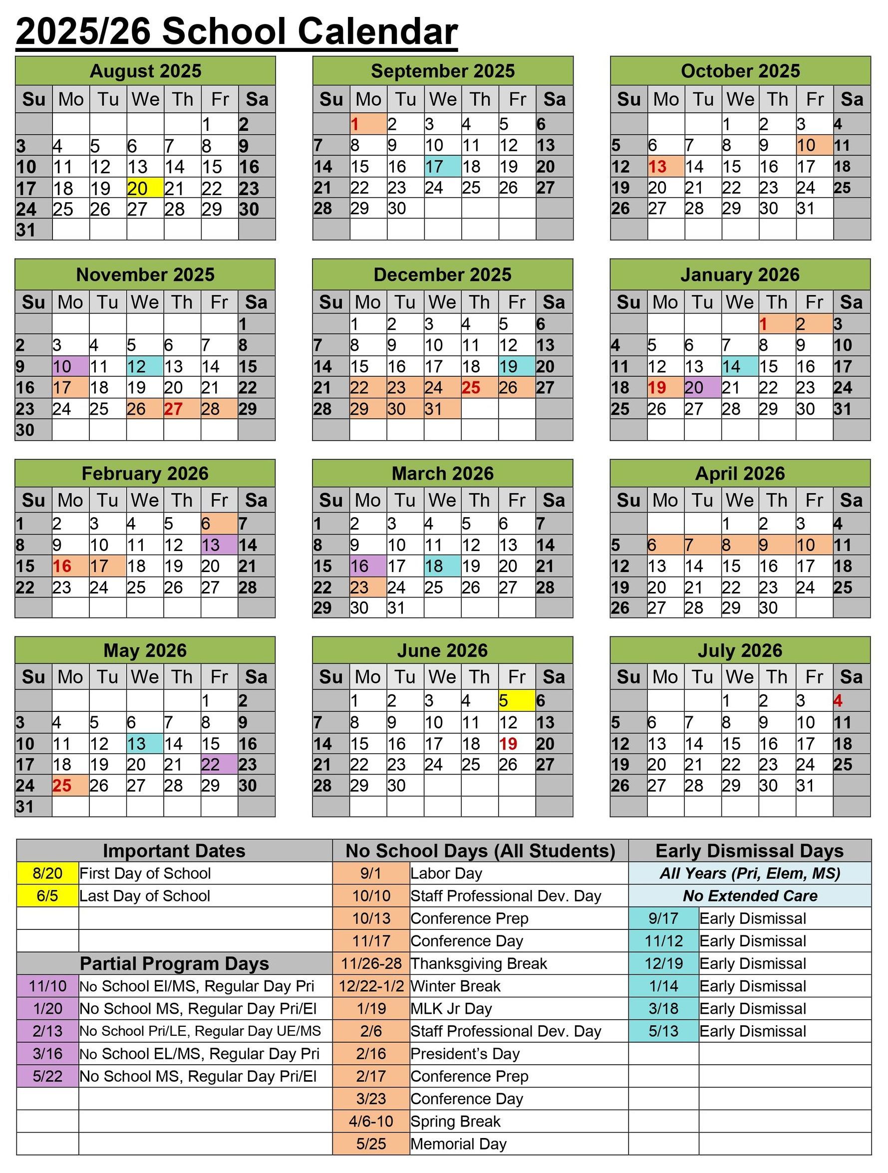 2025 - 2026 school calendar