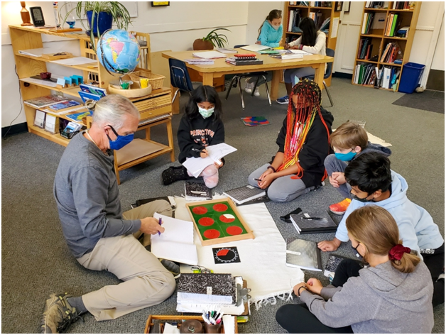 Upper Elementary Students working with Montessori Fraction Insets