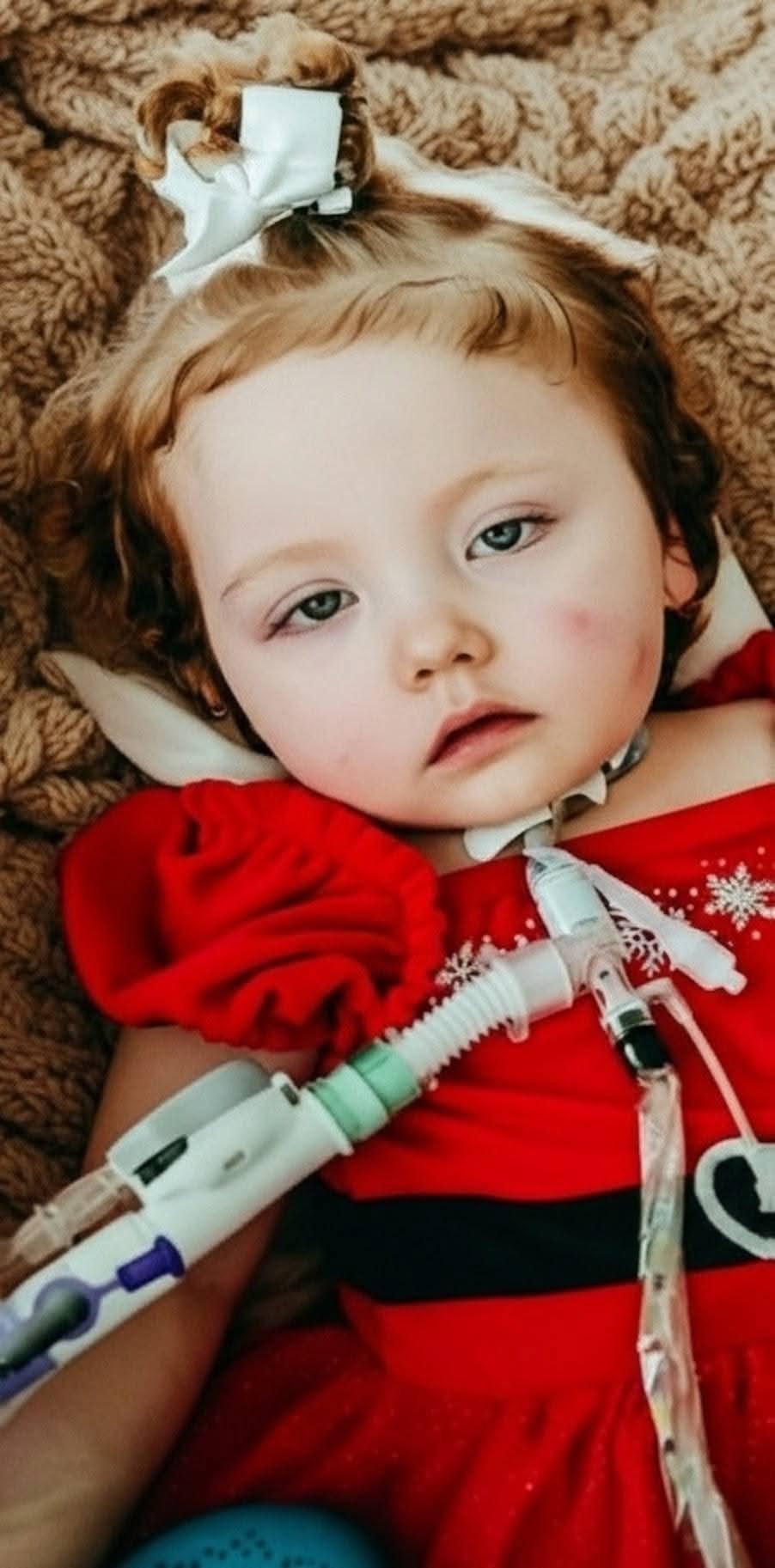 A child in a red holiday outfit resting on a textured blanket, wearing a medical breathing tube with a white hair bow.