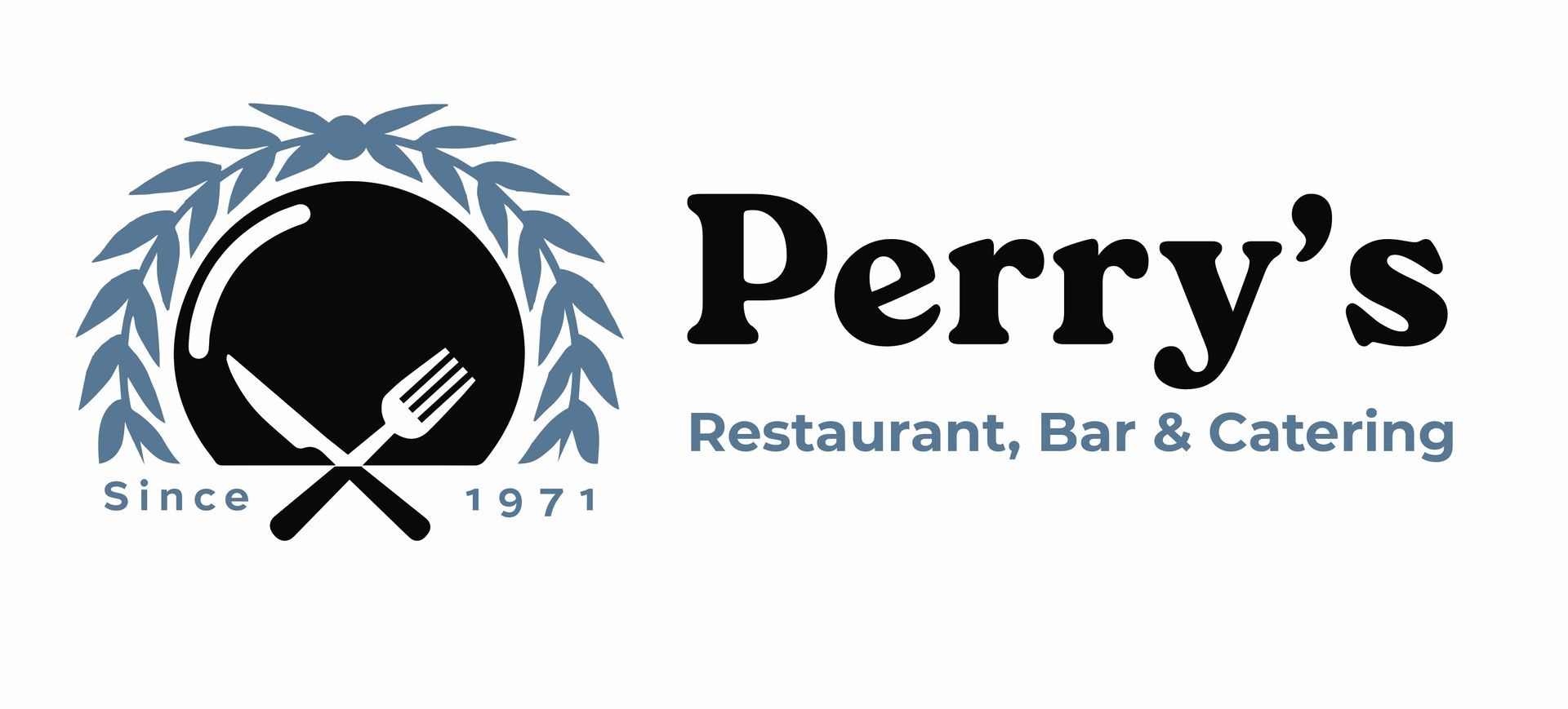 Logo for Perry’s Restaurant, Bar & Catering, featuring a black plate with crossed cutlery and a grey laurel wreath.