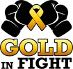 Logo with two black boxing gloves flanking a gold awareness ribbon, over the text 