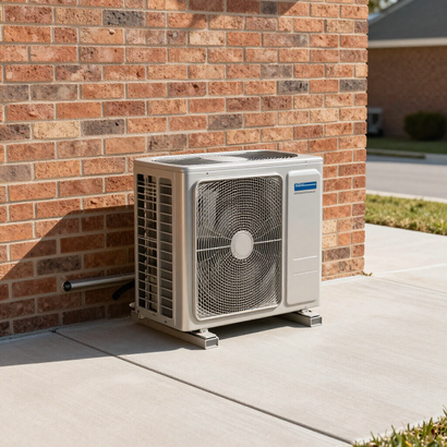 Outdoor air conditioning unit beside a brick wall on a concrete pad