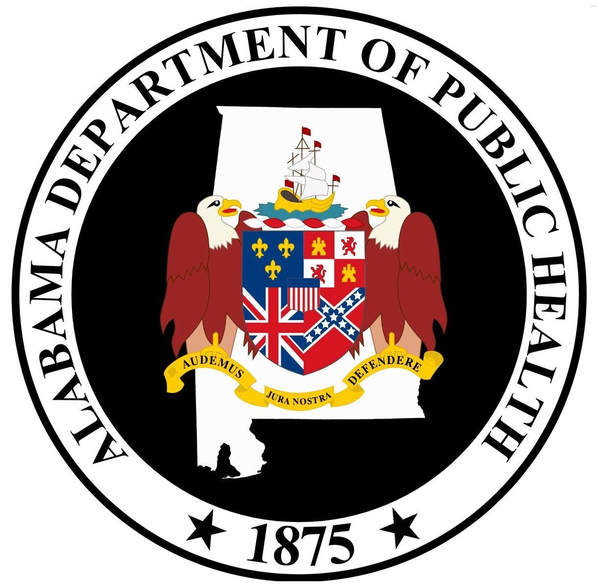 Alabama Department of Public Health seal featuring the state outline, coat of arms, bald eagles, and the year 1875.