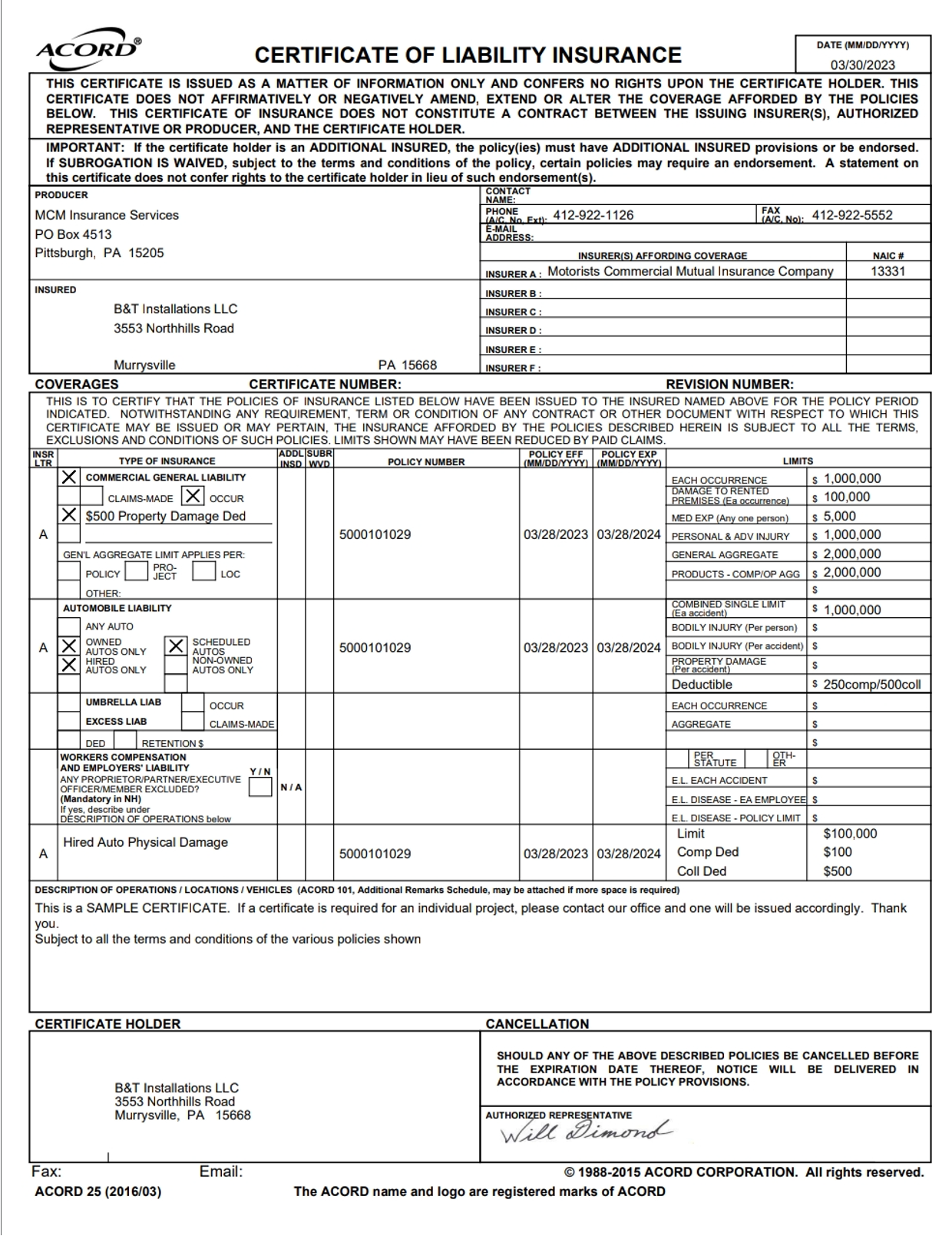 A certificate of liability insurance form is shown on a white background.