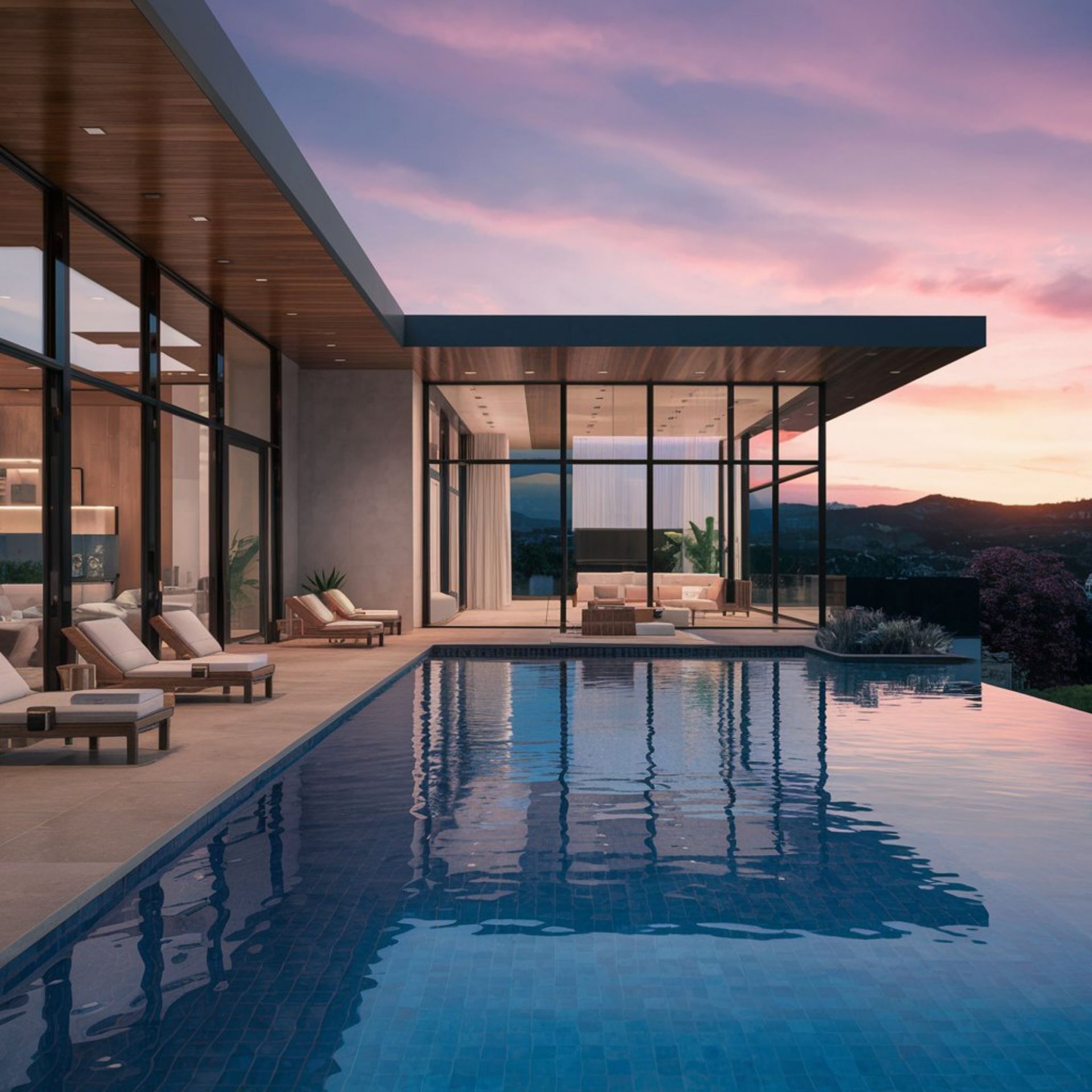 A large house with a swimming pool in front of it