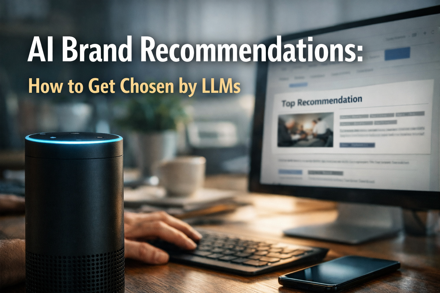 Workspace with smart speaker and monitor showing “AI Brand Recommendations: How to Get Chosen by LLMs”