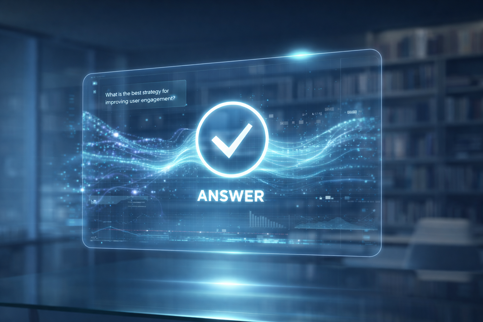 Glowing blue digital panel with a checkmark and the word “ANSWER” in a futuristic interface
