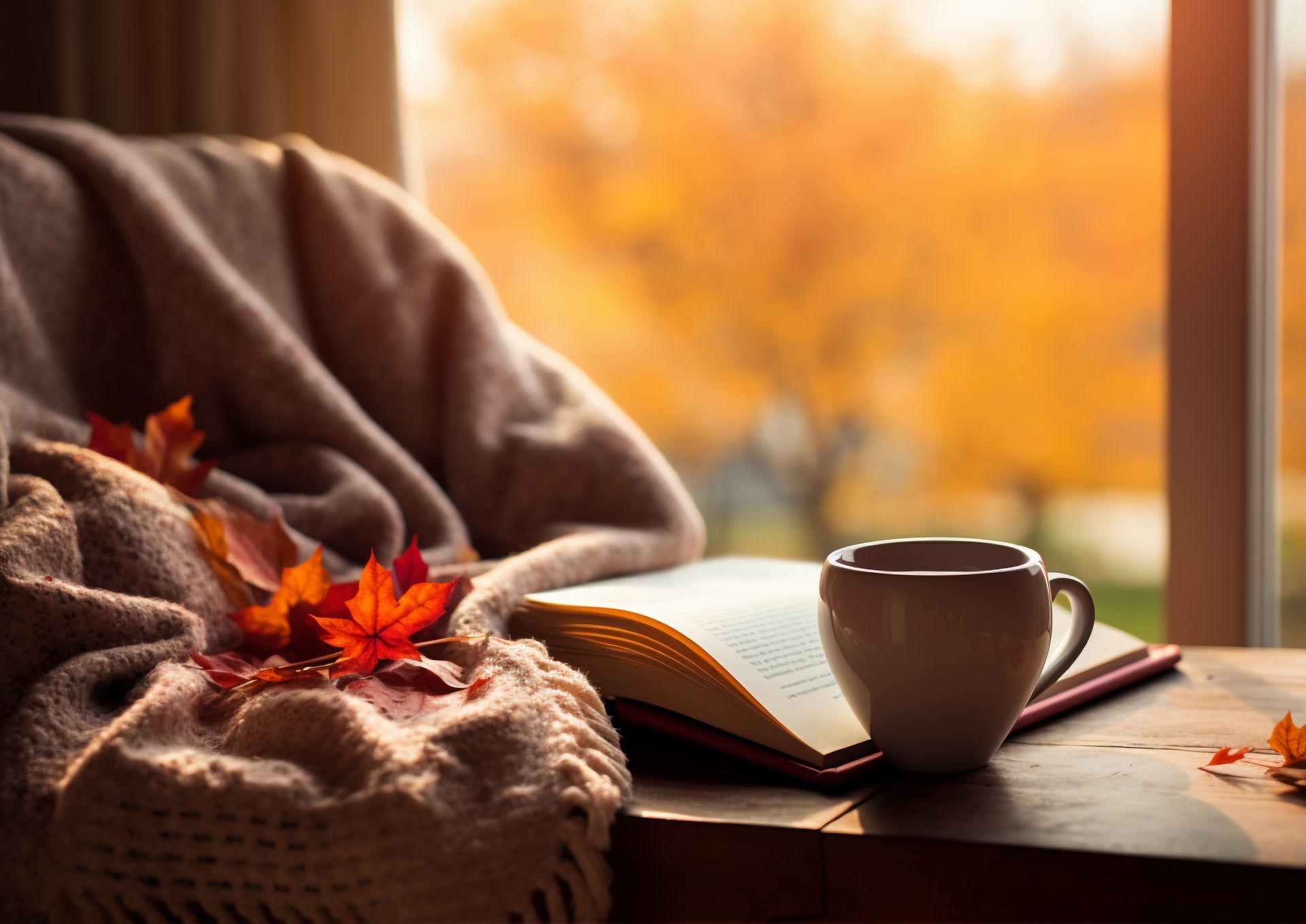 There is a cup of coffee and a book on the table.