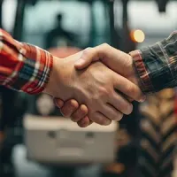 Handshake between two people in plaid shirts in a farm setting
