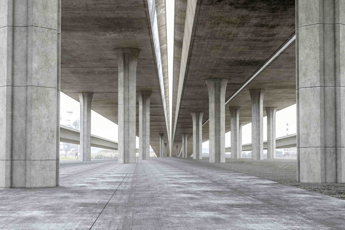 Empty concrete underpass beneath a highway, with rows of pillars and a vanishing-point perspective.