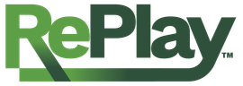Green and gray RePlay logo with stylized text and an upward arrow in the “R”