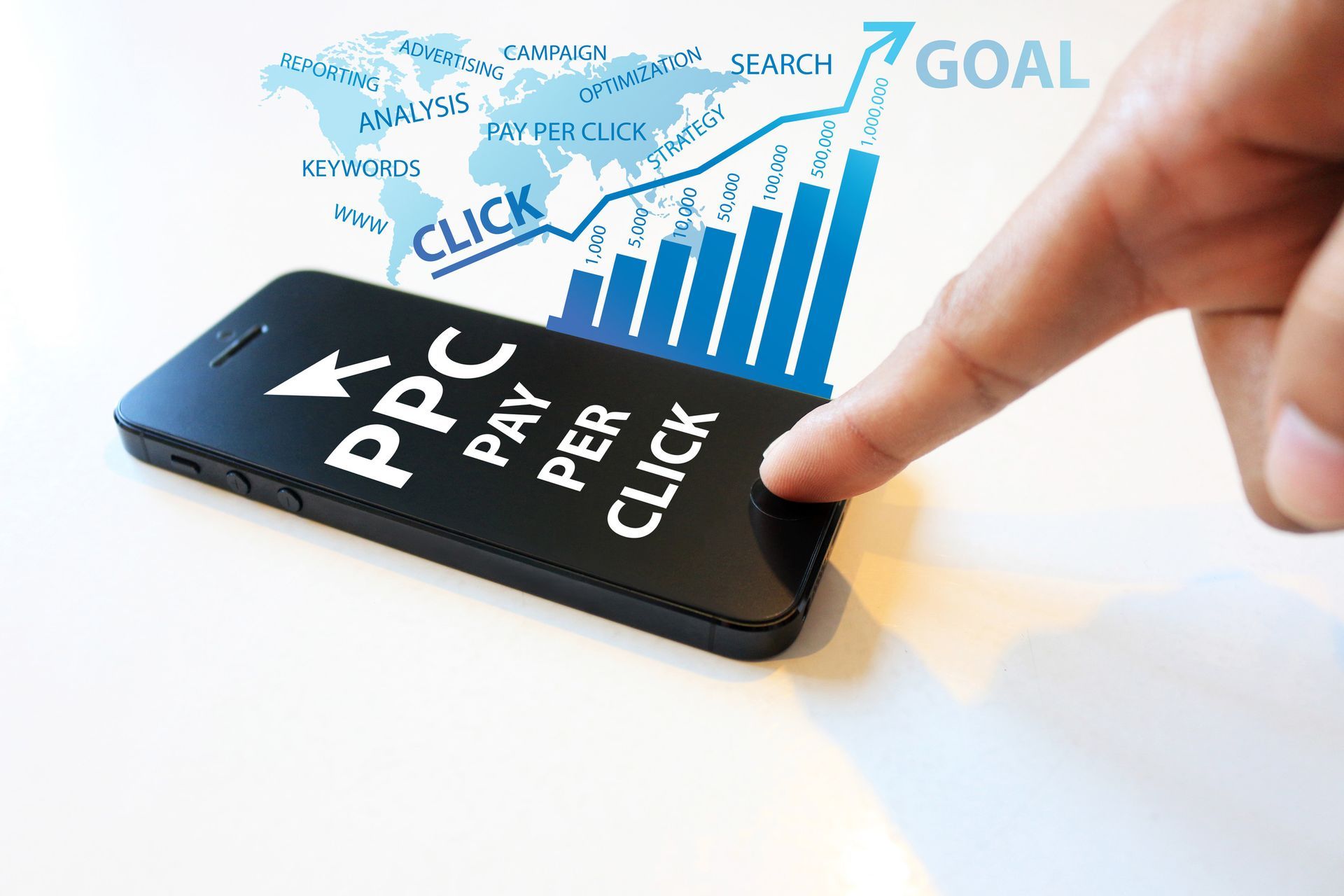 PPC written on a phone screen and rising numbers graphic in the background