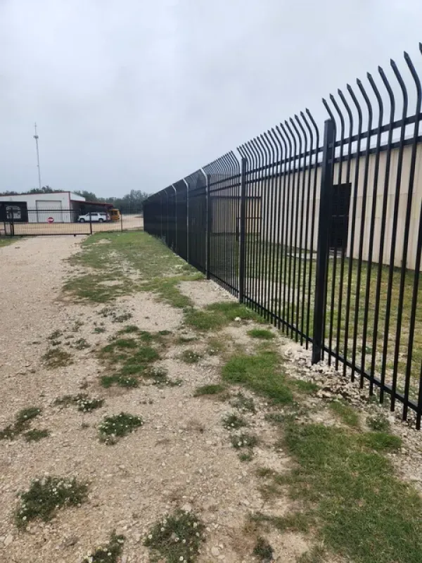 A black metal fence is surrounding a grassy field.
