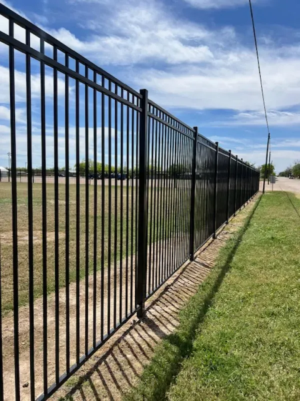 A black metal fence surrounds a grassy field on a sunny day.